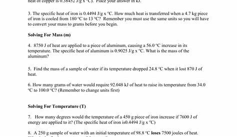 specific heat problems worksheets answers