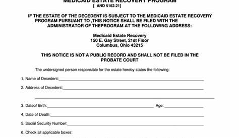 Fillable Ohio Probate Form - Notice To Administrator Of Medicaid Estate