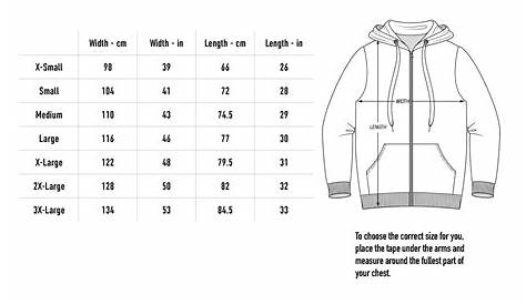 zip up hoodie size chart