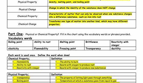 Physical And Chemical Changes And Properties Of Matter Worksheet — db