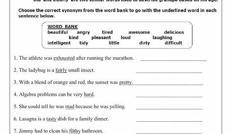 Synonyms worksheet for Grade 4 and 5 | Word bank, Synonym worksheet