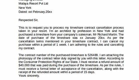 sample letter to cancel a timeshare contract