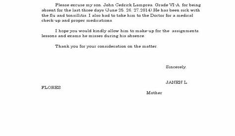 sample of excuse letter for work