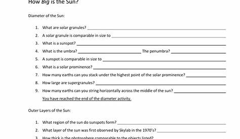the sun worksheet answer key