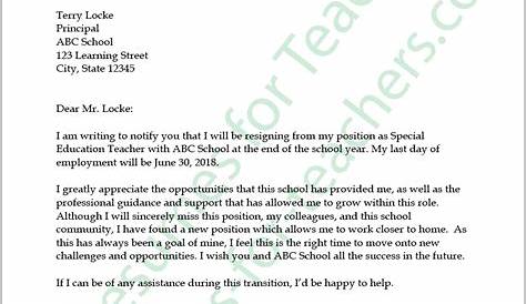 Education Resignation Letter Sample | A+ Resumes for Teachers