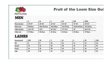 fruit of the loom men's t shirt size chart