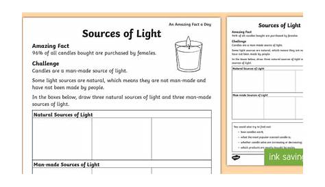 grade 1 sources of light worksheet