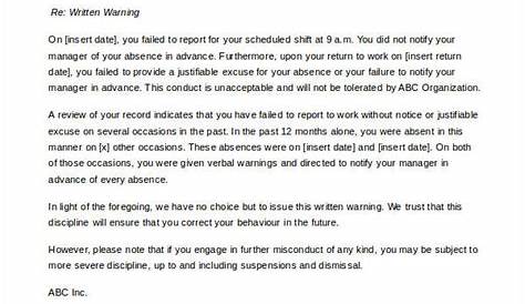 sample warning letter to employee for absence