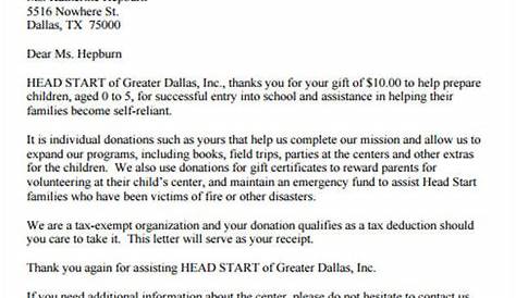 sample letter for tax exempt donation