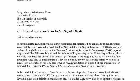 sample recommendation letter for mba program