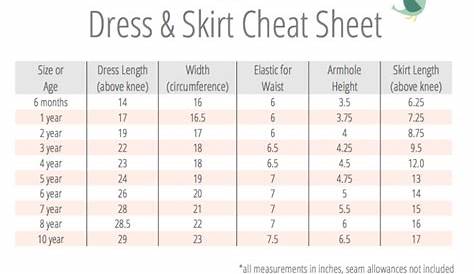 Cheat sheet with measurements for sewing girls' skirts & dresses. -Made