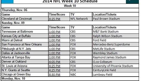 NFL Schedule Week 10 - Printerfriend.ly