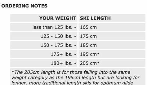 xc ski size chart