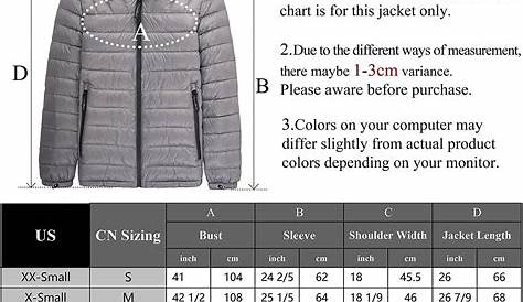 puffer jacket size chart