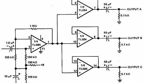 Build a 3 Channels Audio Splitter Amplifier Circuit Diagram using TL084