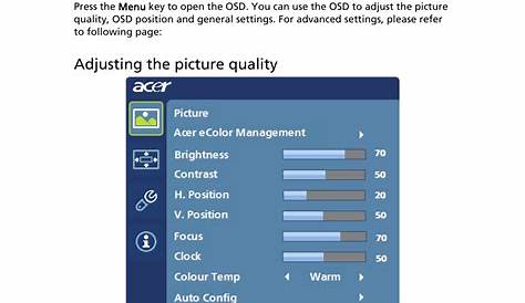 Adjusting the osd settings, Adjusting the picture quality | Acer H233H