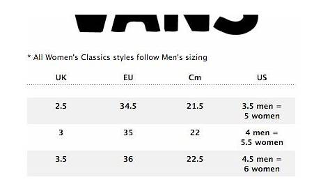 vans women's shoe size chart