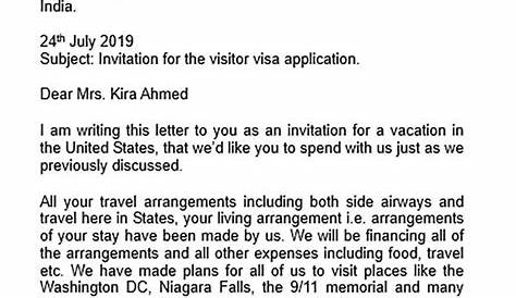 visitor family invitation letter for visa sample