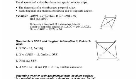 properties of rhombi worksheets answers
