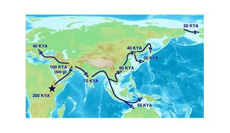 A simplified scenario of early human migration routes and dates. Modern