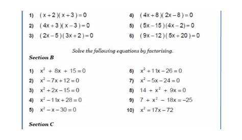 solving quadratic equation worksheets