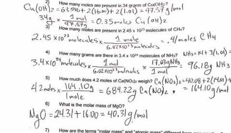 mole calculations practice worksheet