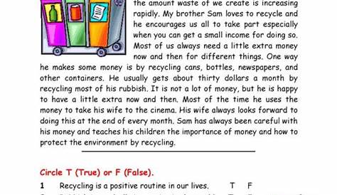 Reading Comprehension On Recycling - Reading Comprehension Worksheets