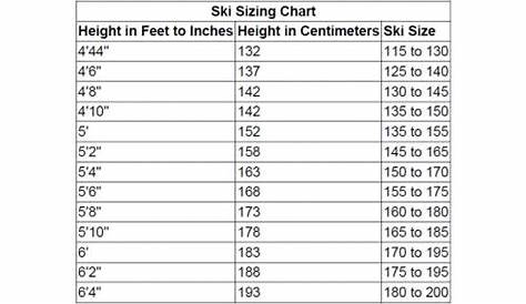 water skis size chart