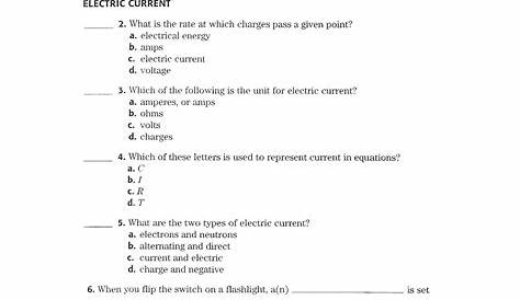 Electric Current and Electrical Energy Worksheet - Craig Fisher