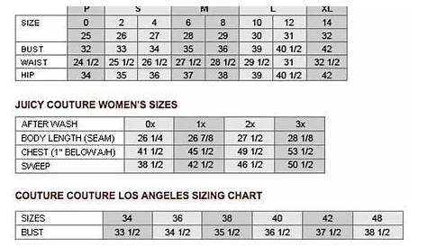 juicy couture sizing chart