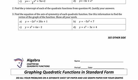 Graphing Quadratic Functions In Standard Form (Math Worksheet