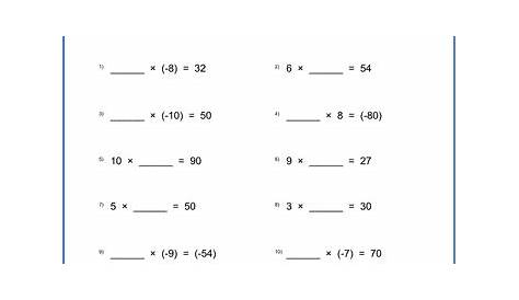Grade 6 Integers Worksheets: Multiplying integers (missing factors