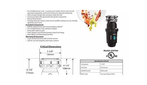 Moen GXP50C Prep™ Series 1/2 Horsepower Garbage Disposal Specifications