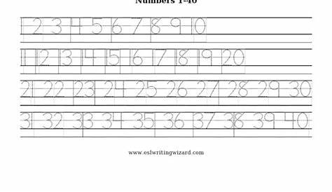 Printing Practice: Numbers 1-40 Worksheet for Kindergarten - 3rd Grade