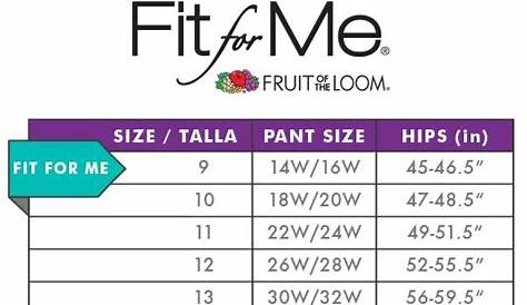 fruit of the loom panty size chart