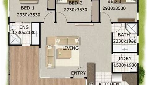 plano de casa moderna de 3 habitaciones y 2 baños en una planta