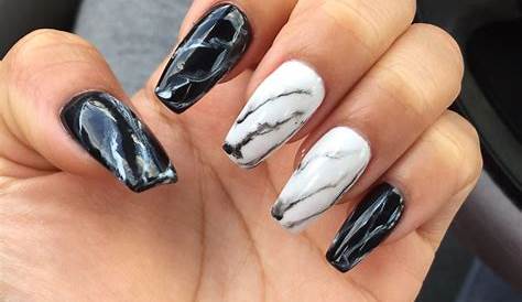 Acrylic Nails Designs Black And White Marble Coffin Nail