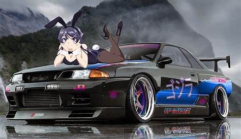 an anime girl sitting on the back of a car