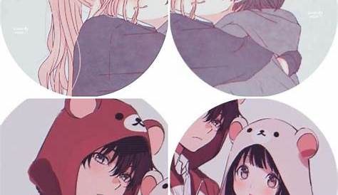 two anime characters wearing red hoodies and one is holding a teddy