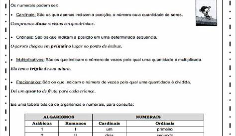 Classificação dos Numerais - Atividades de português 6 ano. – Educação