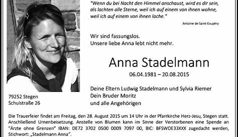 Anna Stadelmann : Traueranzeige : Badische Zeitung