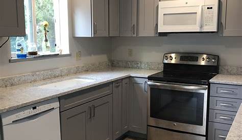 Grey with black counters? (wood floors, countertops, color