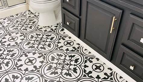 Black and white bathroom tile. Bathroom floor tile is Zenith Moroccan