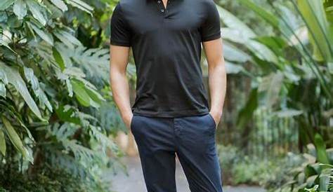 Black Polo Business Casual Plain Shirt With Light Brown Chinos For His