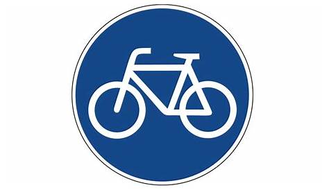 Ein blaues Fahrrad Schild auf einem Poller neben einem Radweg in