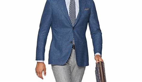 Blue jacket and grey trousers