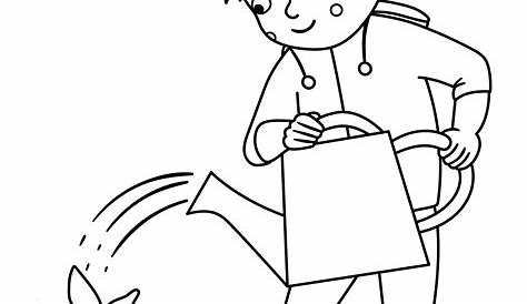 Boy Watering Plants Clipart Black And White Outlined Happy Gardener His