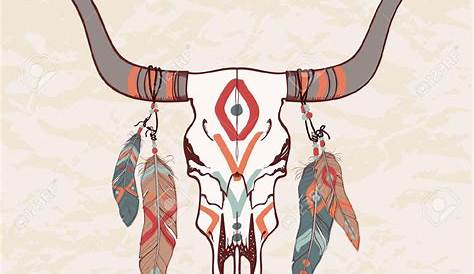 Hand Drawn Vector Illustration of Bull Skull with Feathers. Stock