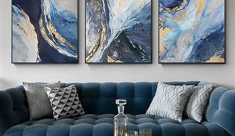 Gold art 3 pieces Wall Art Abstract acrylic paintings on canvas ocean