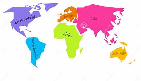 Carte du monde simplifiée divisée en six continents - Amérique du Sud